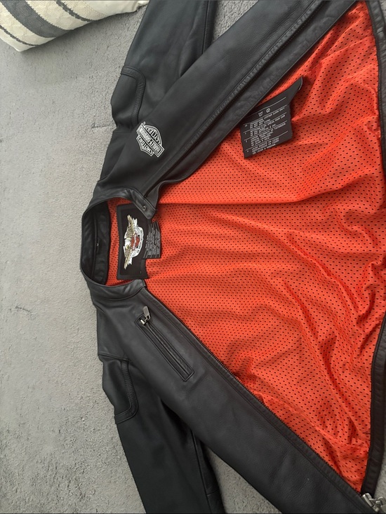 Harley-Davidson Jackets & Blazers - Harley-Davidson Black Leather Bomber Jacket with Orange Mesh Lining